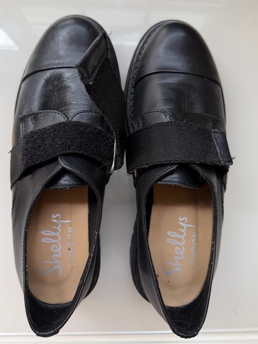 Shellys London Black Leather Lug Sole Flats